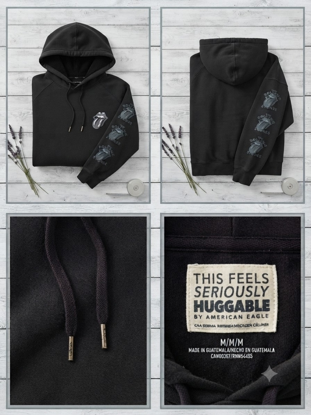 American Eagle Outfitters Black Pullover Hoodie with Graphic Sleeve Logos